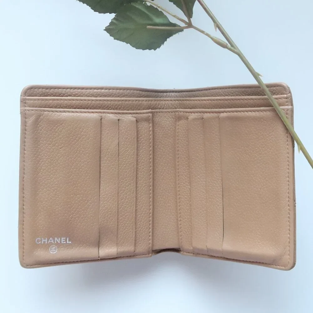 Chanel Classic Quilted Caviar Leather Bifold Wallet Beige with Silver CC Logo